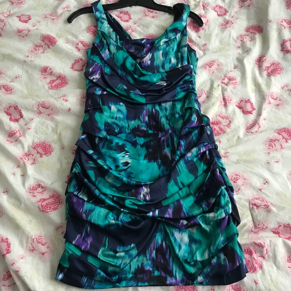 Blue and purple silk ruched express dress